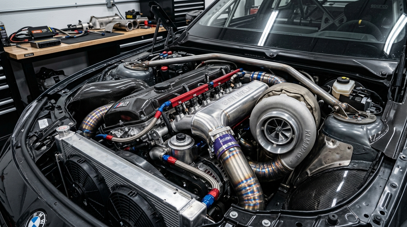 1800WHP KLM Race S58 Engine Bay with Massive Single Turbo and Billet Manifold
