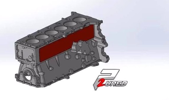CAD 3D Engineering Model of P2uned X58 Billet Block showing Internal Cooling Passages and Rigid Cylinder Walls
